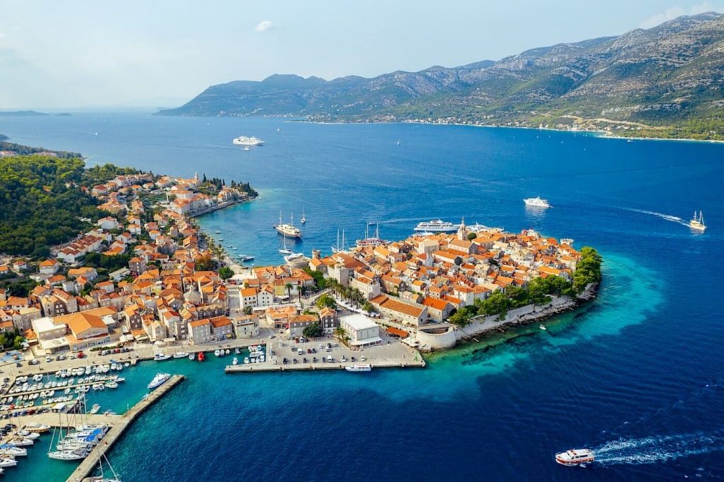 Aerial view of Korčula Old Town on a cycling tour in Croatia